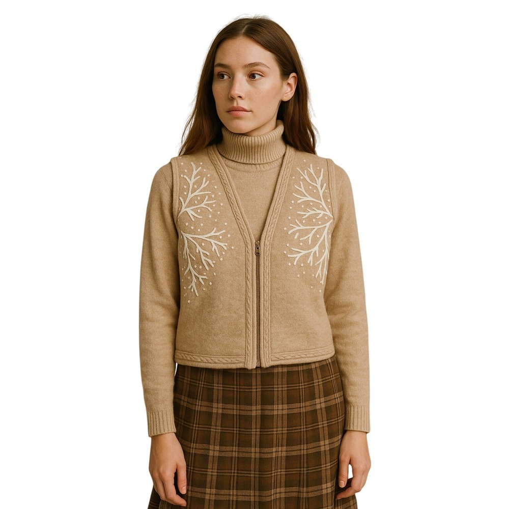 COLDWATER CREEK Wool Embroidered Zip Vest Nude Winter Snowflake Cottagecoreโ
